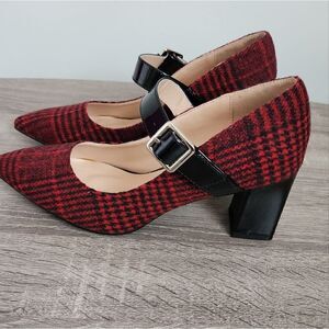 Allegra  K Red & Black Plaid Montreal Mary Jane Pump patent leath- Women size 8